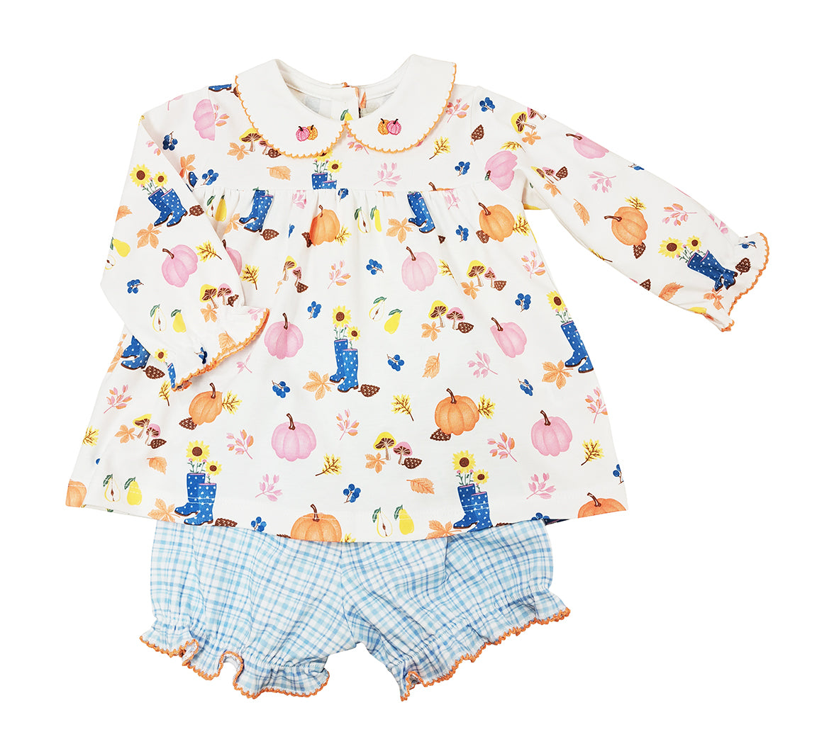 Fall Pumpkin Print and plaid Girl Bloomer Pima Set - Little Threads Inc. Children's Clothing