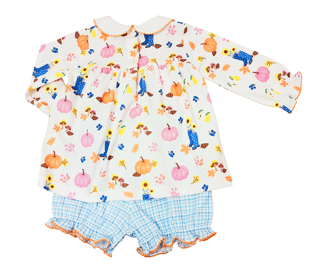 Fall Pumpkin Print and plaid Girl Bloomer Pima Set - Little Threads Inc. Children's Clothing