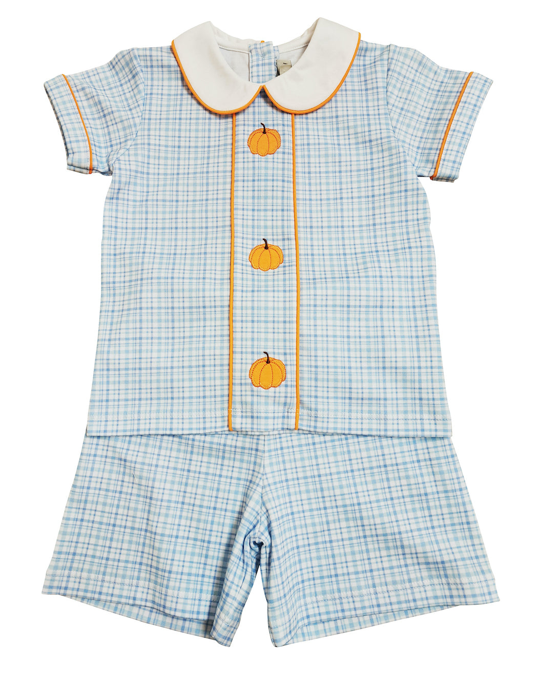 Fall Pumpkin Light Blue Plaid with pumpkins Boy Short Set - Little Threads Inc. Children's Clothing