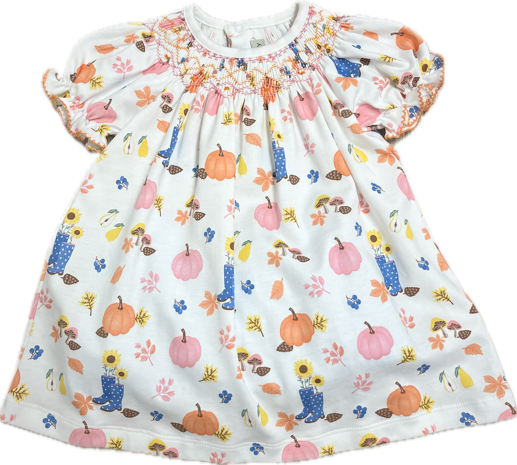 Fall Pumpkin Hand Smocked Girl Bishop set Pima - Little Threads Inc. Children's Clothing