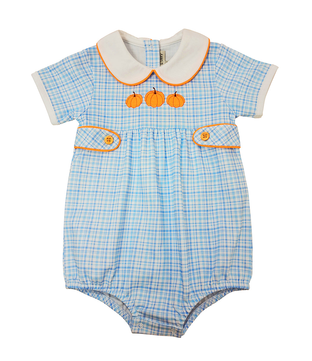 Fall Pumpkin light blue plaid pima Baby Boy's bubble - Little Threads Inc. Children's Clothing