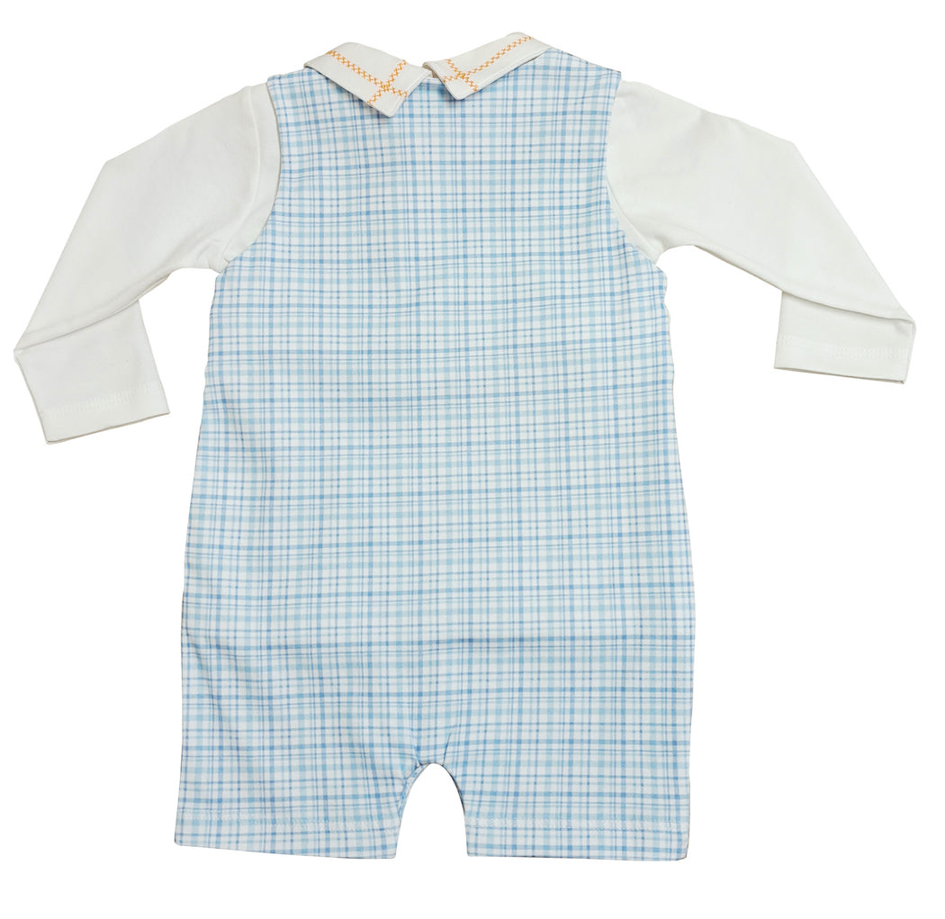 Fall Pumpkin Light Blue Plaid Pima Cotton Boy Shortall set - Little Threads Inc. Children's Clothing