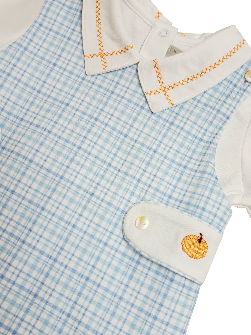 Fall Pumpkin Light Blue Plaid Pima Cotton Boy Shortall set - Little Threads Inc. Children's Clothing