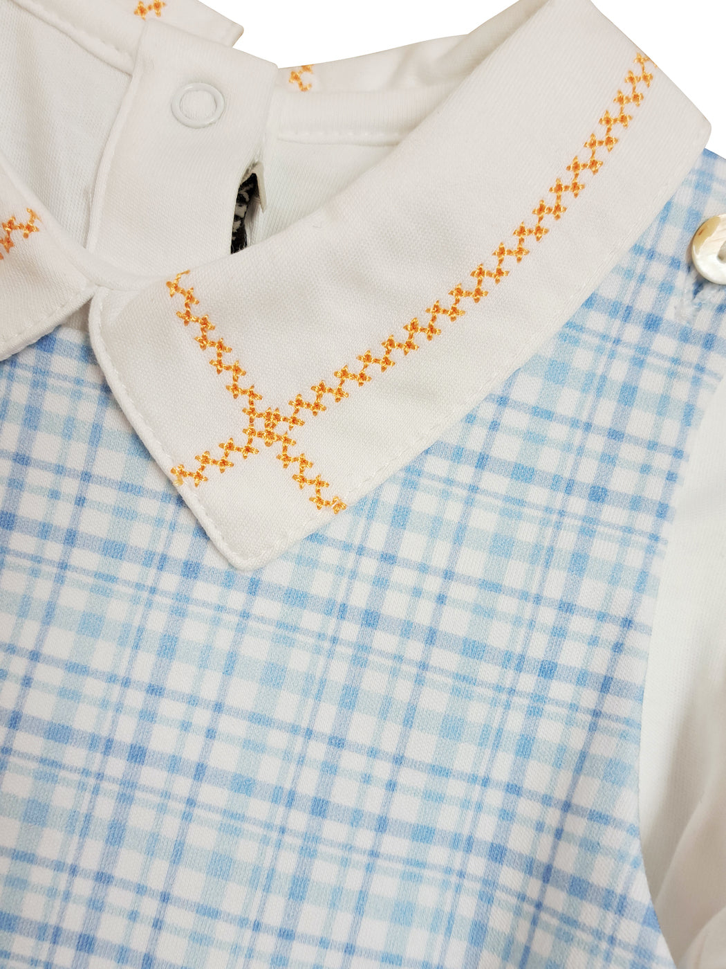 Fall Pumpkin Light Blue Plaid Pima Cotton Boy Shortall set - Little Threads Inc. Children's Clothing