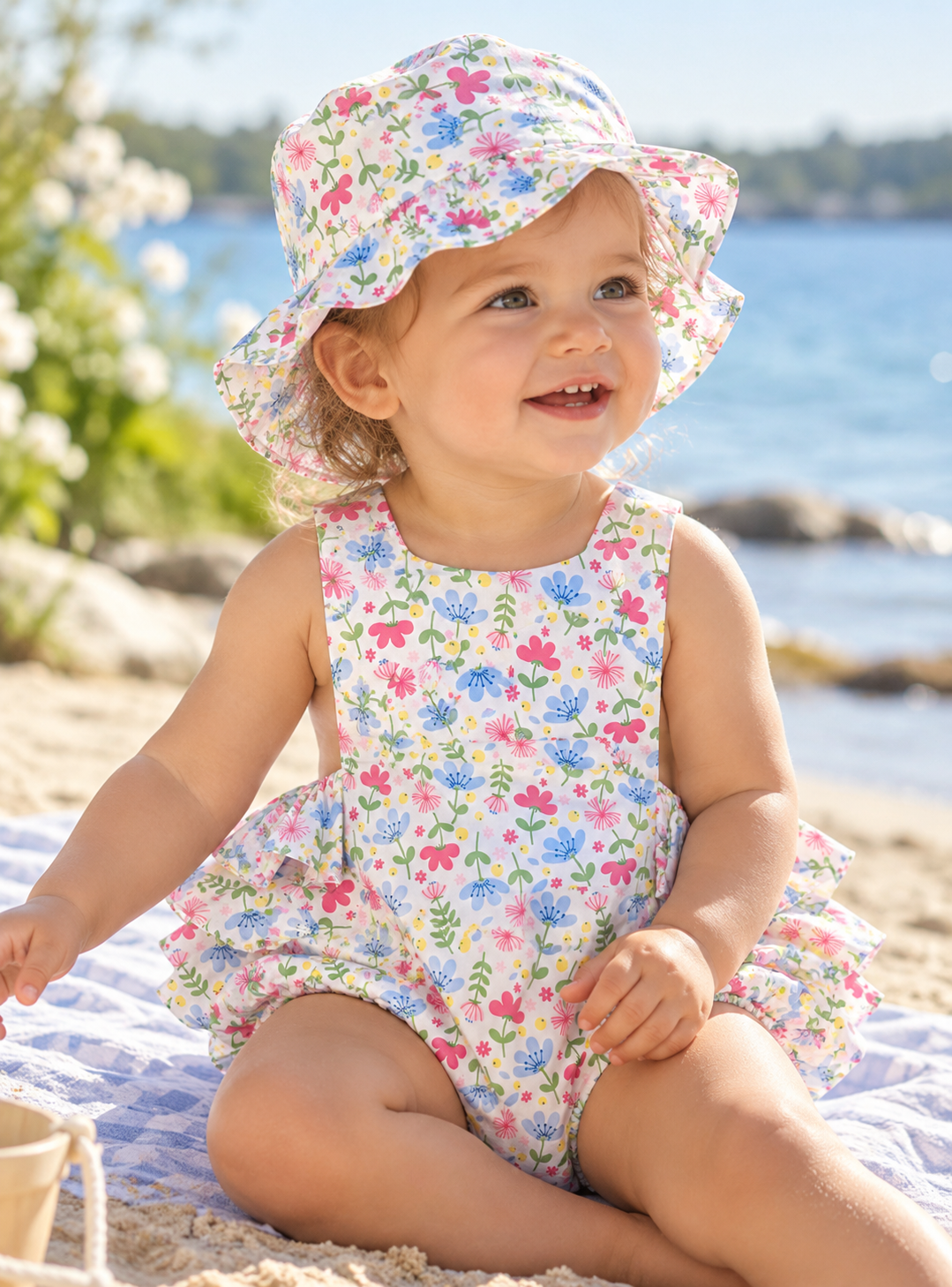 Palm Beach Girls Sunsuit and Sunhat Set - Little Threads Inc. Children's Clothing