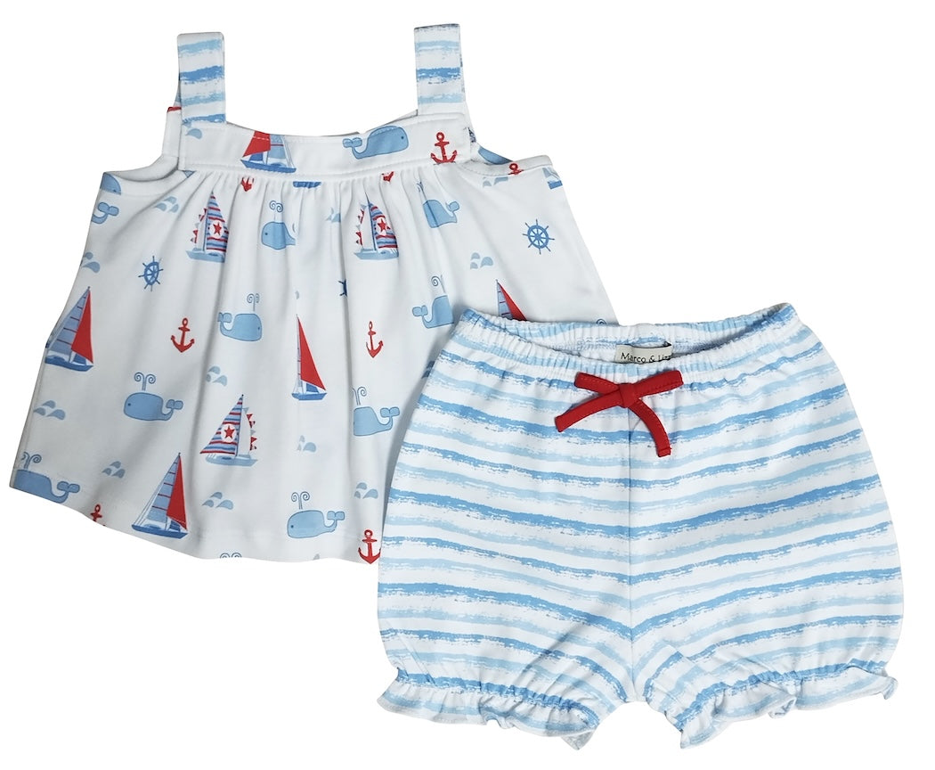Nantucket Whales and sailboats Print Girl's Bloomer set - Little Threads Inc. Children's Clothing
