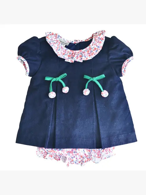 Cherries/Blue Corduroy and Floral Girl Diaper set - Little Threads Inc. Children's Clothing