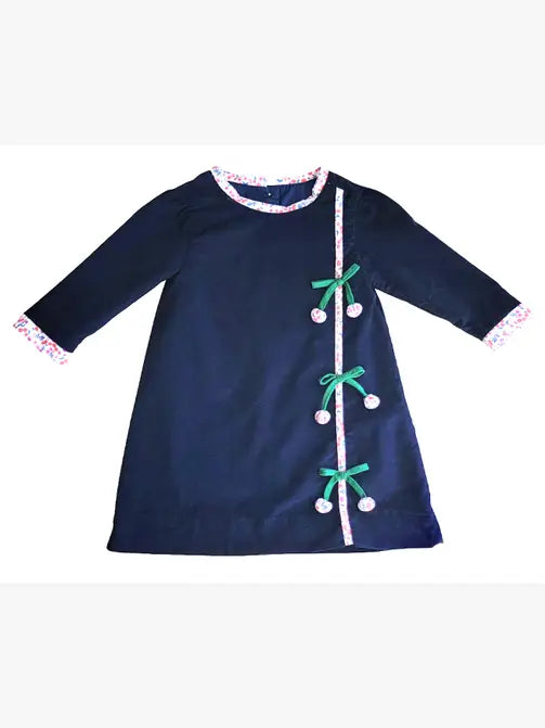 Girl's "Cherries" Long Sleeve Navy Corduroy A line Dress - Little Threads Inc. Children's Clothing