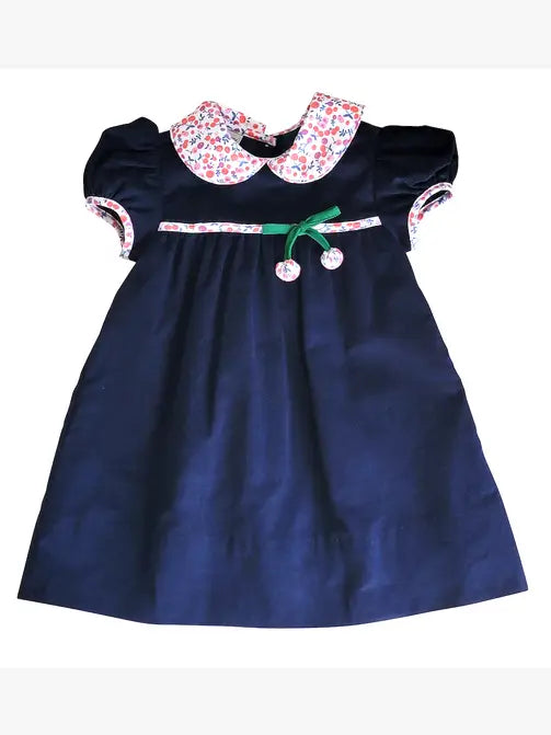 Cherries Navy Blue Corduroy Float Girl's dress - Little Threads Inc. Children's Clothing