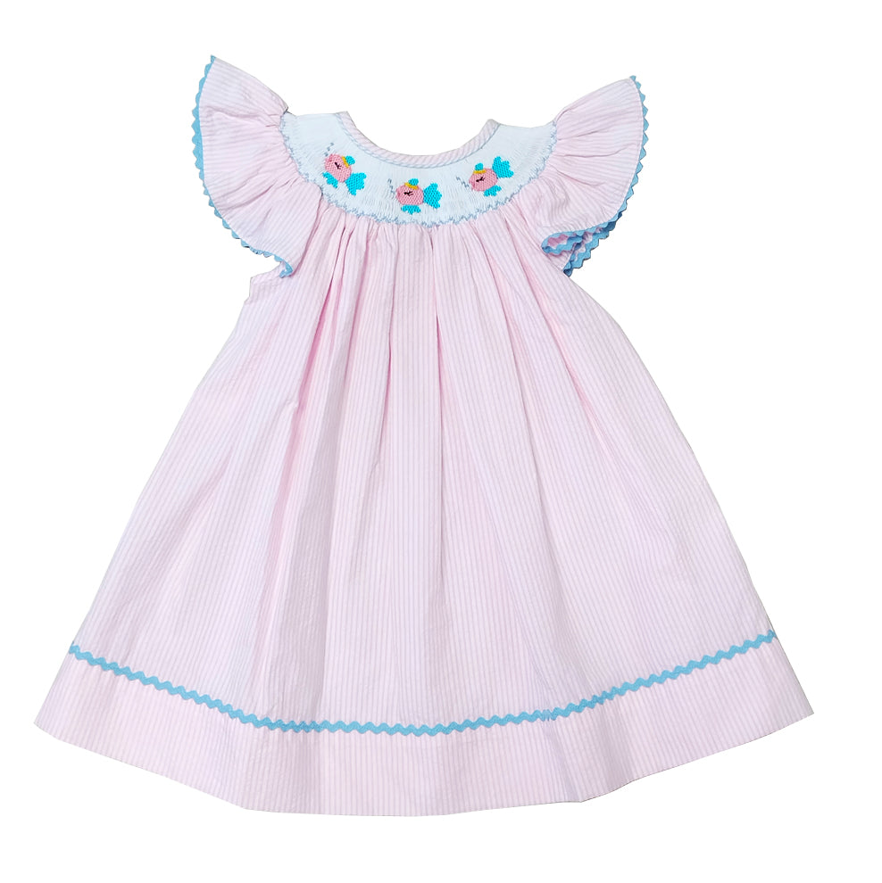 Girl's Hand Smocked Pink " Fish" Bishop Dress - Little Threads Inc. Children's Clothing