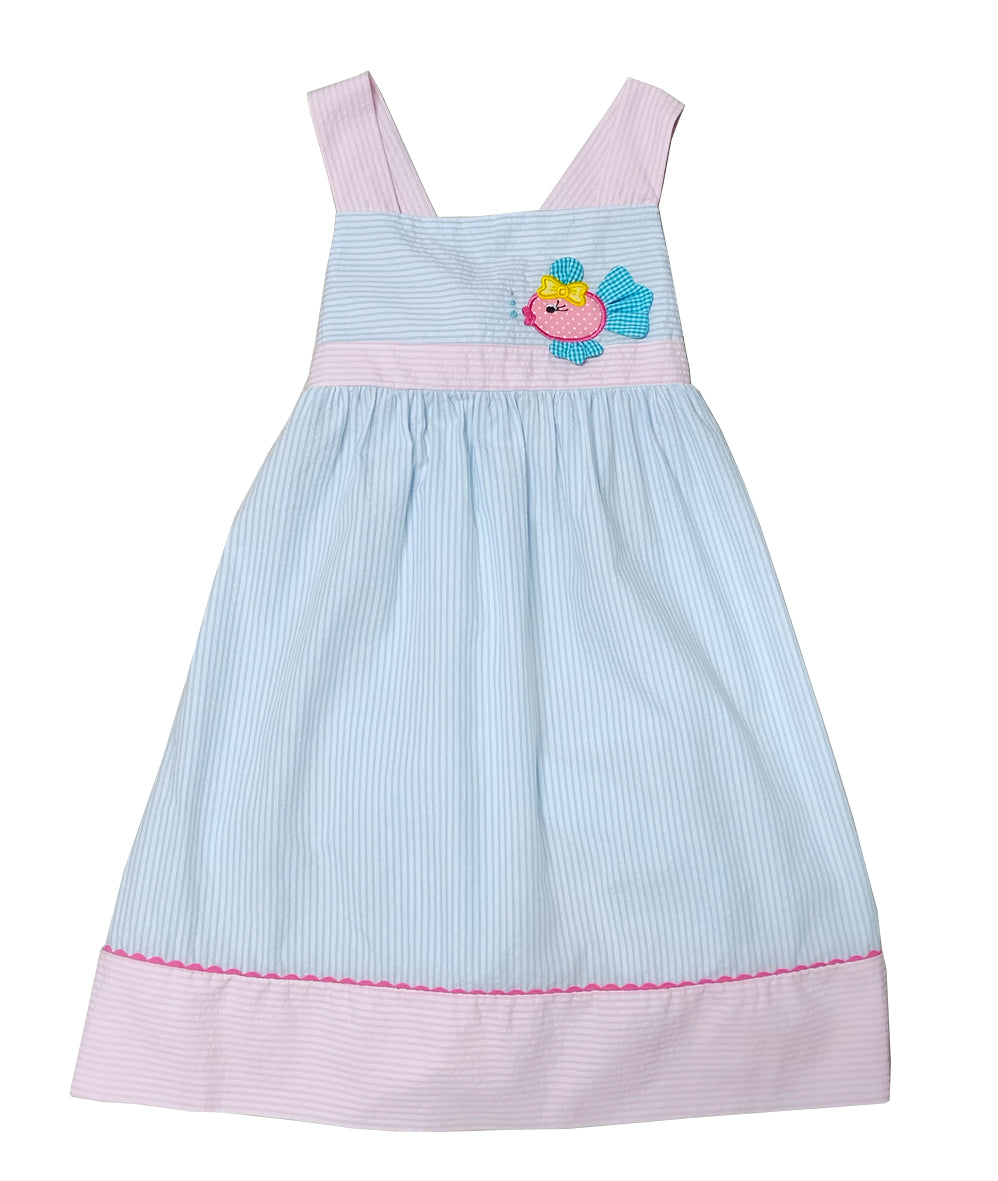 Girl's Pink and Blue Striped Fish Applique Sundress - Little Threads Inc. Children's Clothing