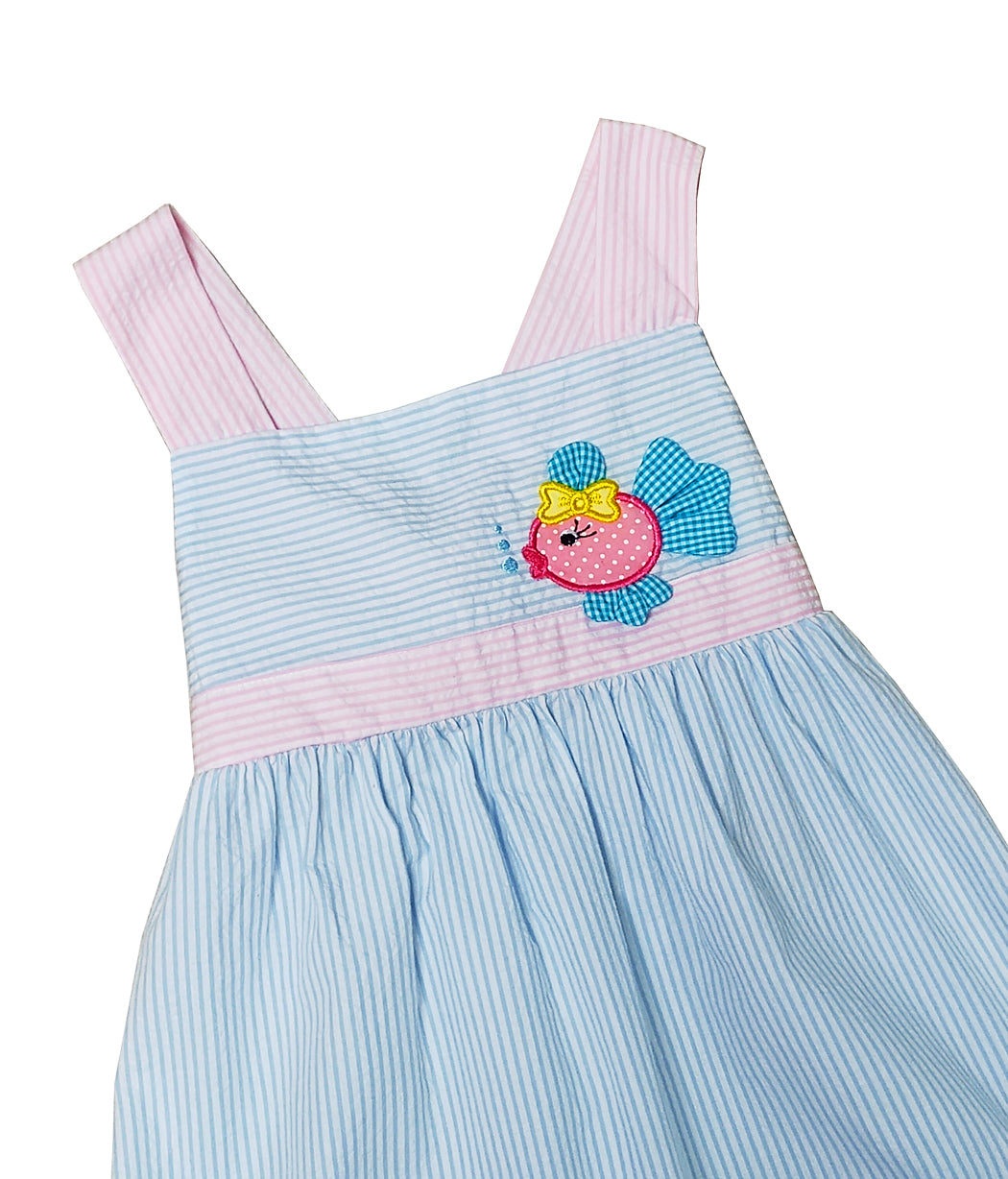 Girl's Pink and Blue Striped Fish Applique Sundress - Little Threads Inc. Children's Clothing