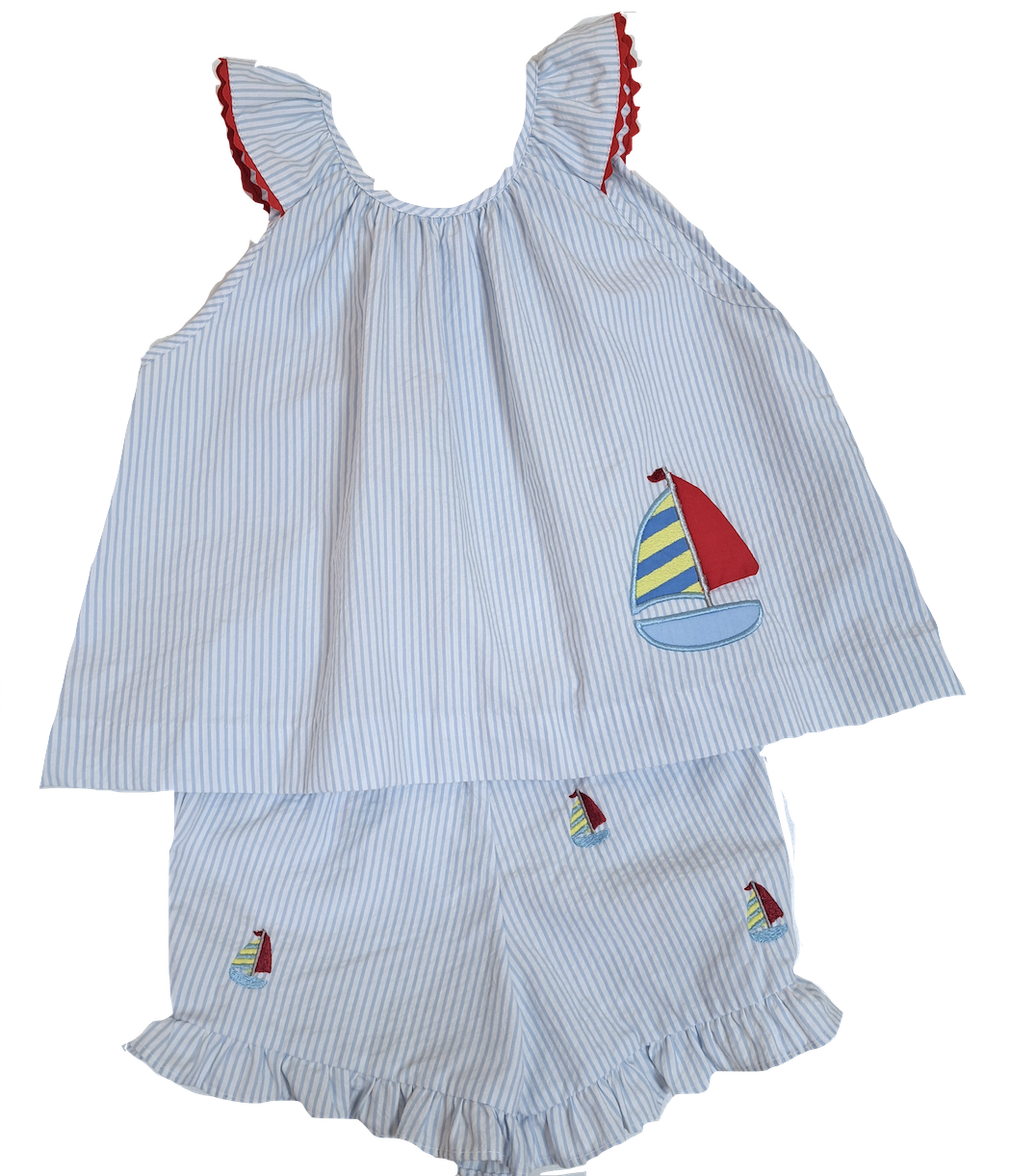 Girl's 2 pc Sailboat Applique Short Set - Little Threads Inc. Children's Clothing