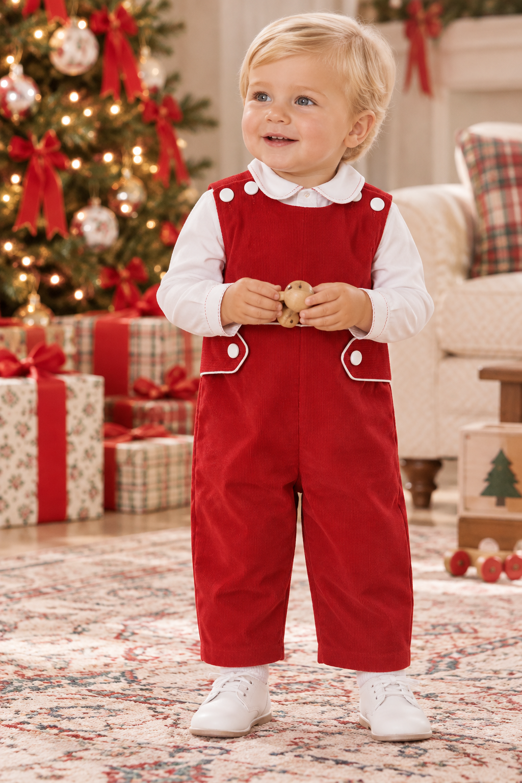 Christmas Red corduroy Boy Overall with straight legs - Little Threads Inc. Children's Clothing