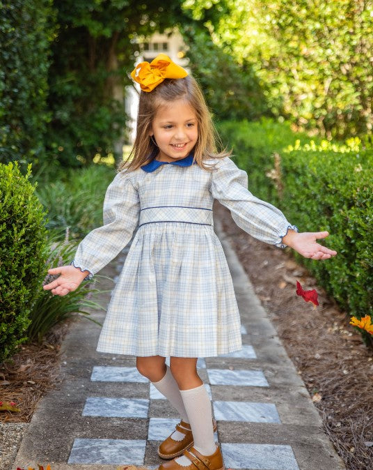 Mia - Long sleeved Girl's Plaid with blue corduroy Dress - Little Threads Inc. Children's Clothing