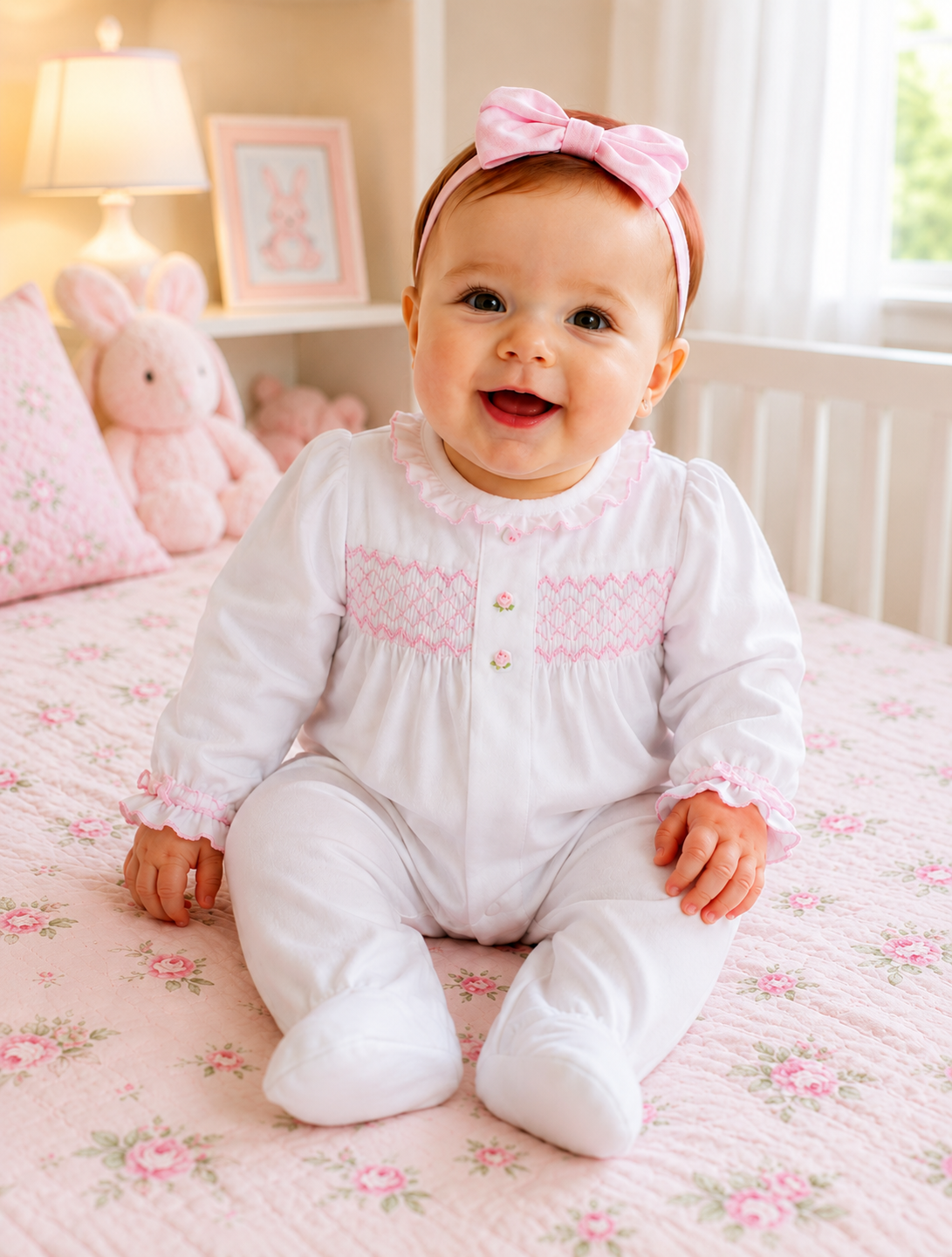 Baby Girl's White Hand Smocked Footie