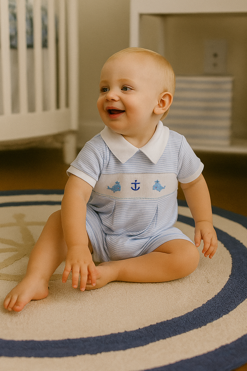Baby Boys "Anchor & Whales" Smocked Romper - Little Threads Inc. Children's Clothing