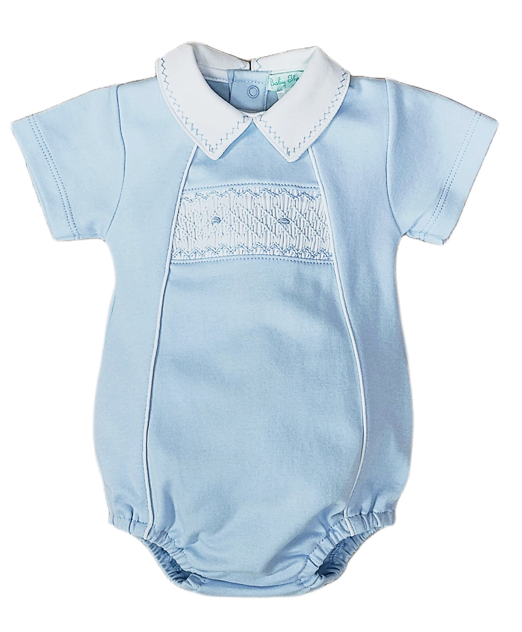 Blue Pima cotton hand smocked baby boy romper