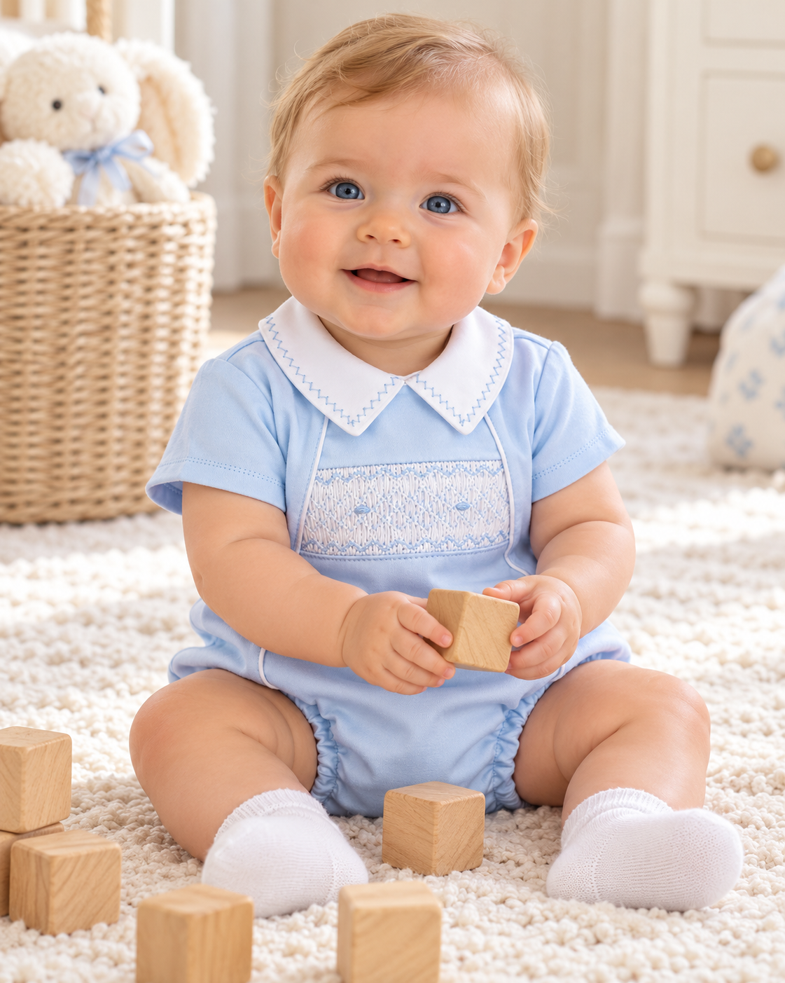 Blue Pima cotton hand smocked baby boy romper