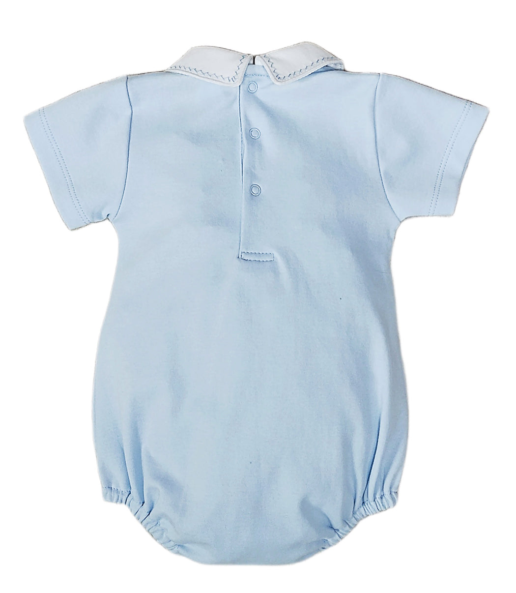 Blue Pima cotton hand smocked baby boy romper