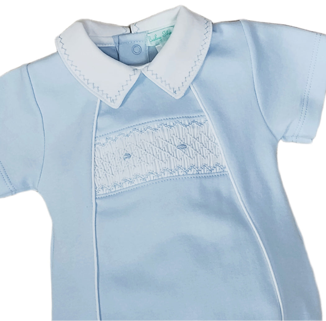 Blue Pima cotton hand smocked baby boy romper