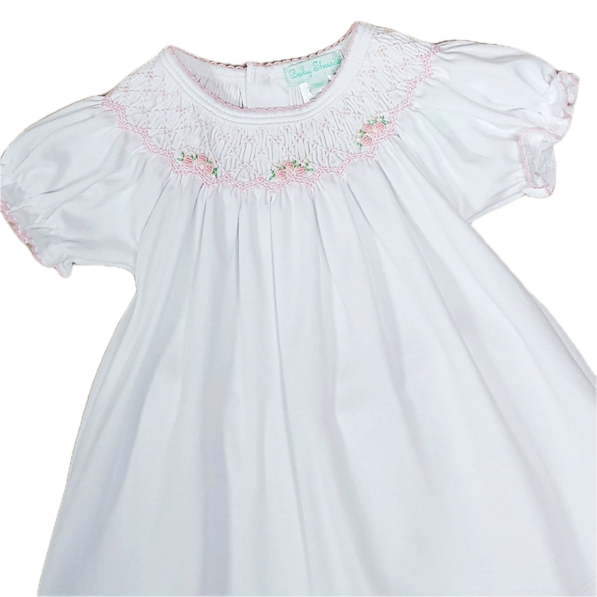 White Pima cotton Pink smocked baby girl Bishop