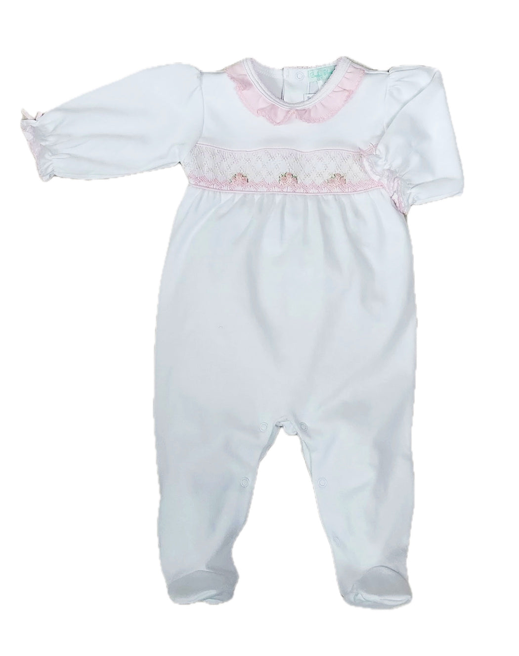 White Pima cotton baby girls smocked footie