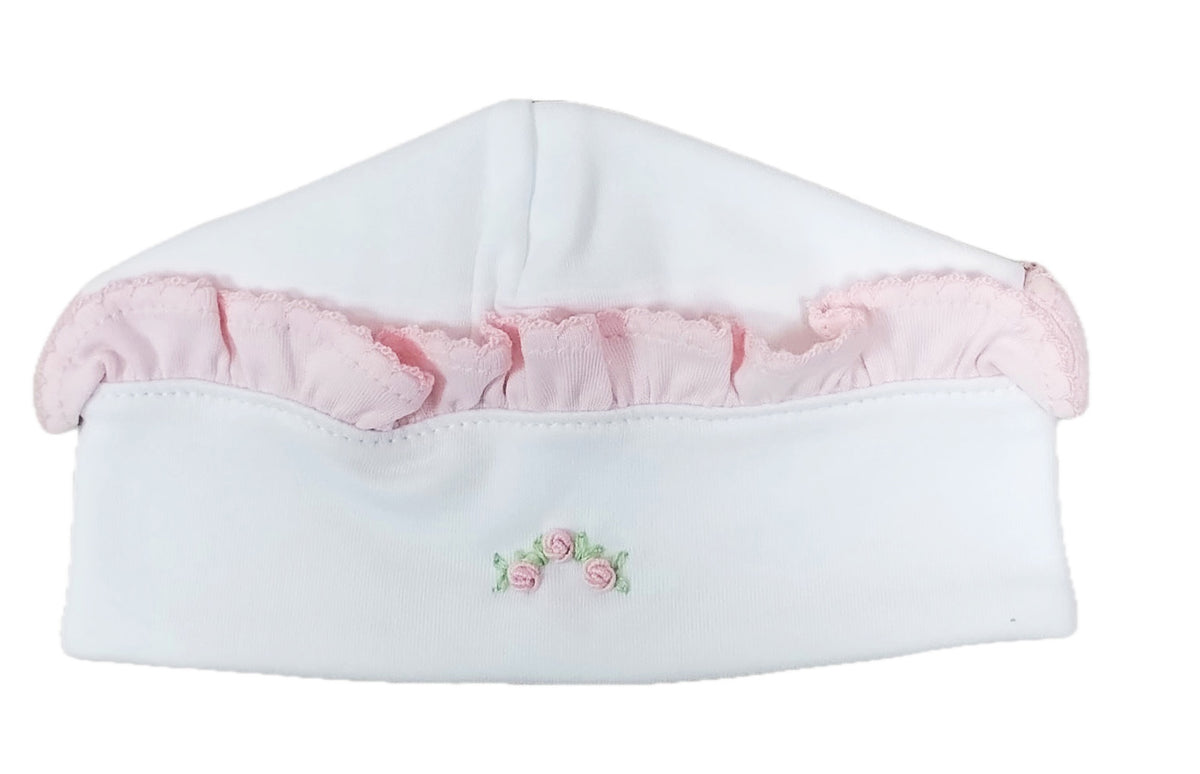 White Pima coton baby girl NB pink ruffle hat
