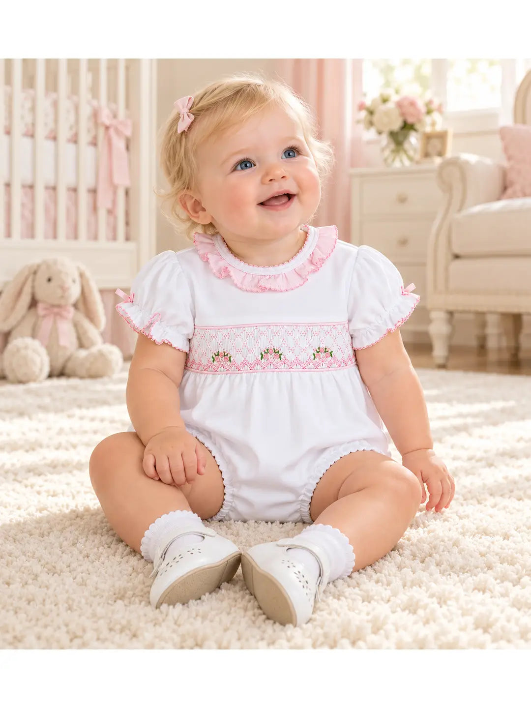White smocked baby girl Pima cotton romper