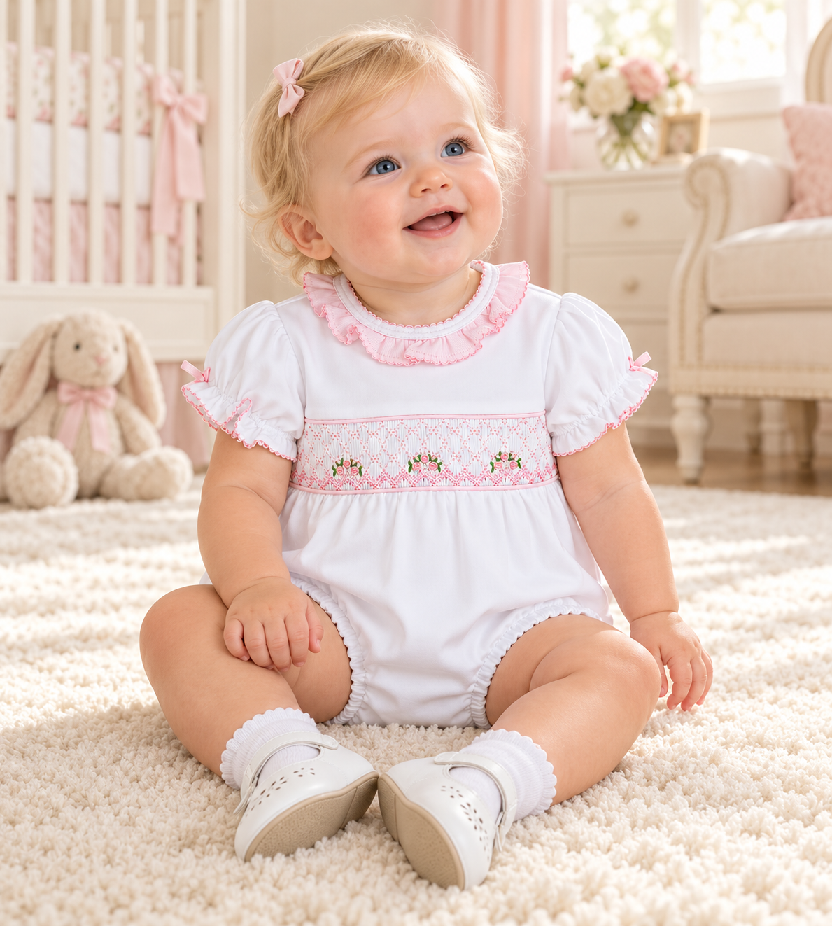 White Pima Cotton Baby Girl's Smocked bubble