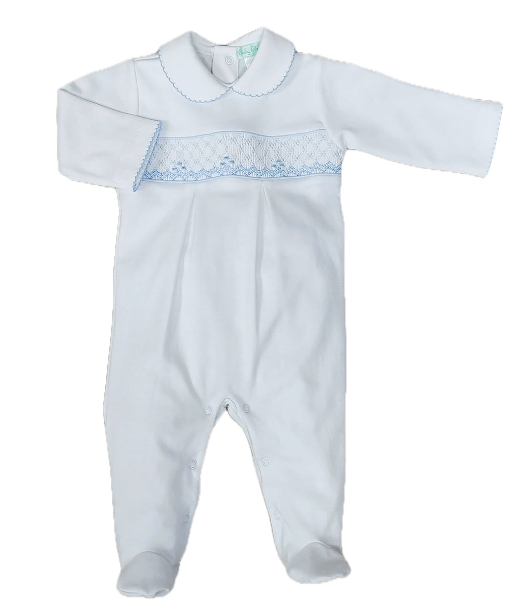 White Pima cotton blue smocked baby footie