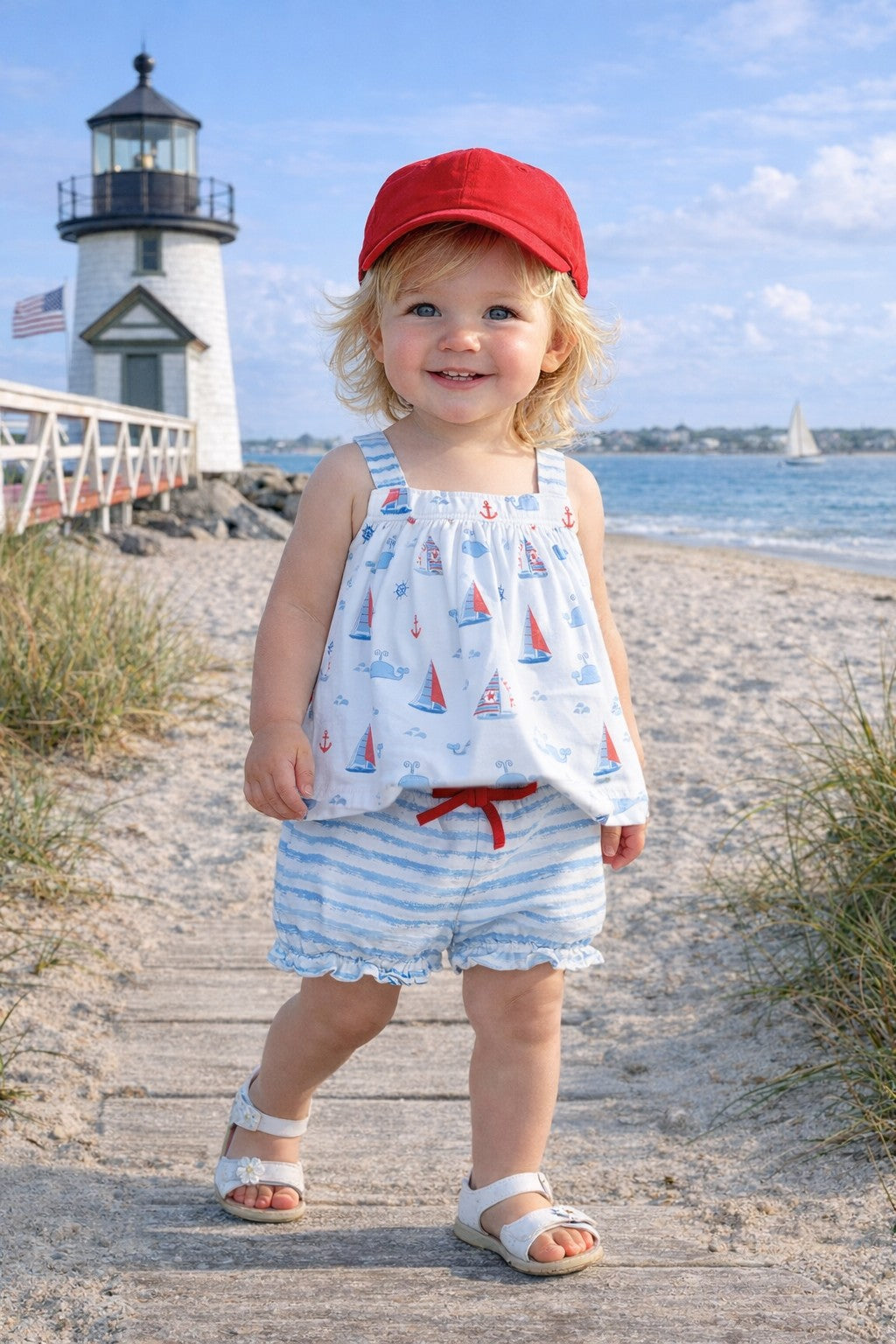 Nantucket Whales and sailboats Print Girl's Bloomer set - Little Threads Inc. Children's Clothing