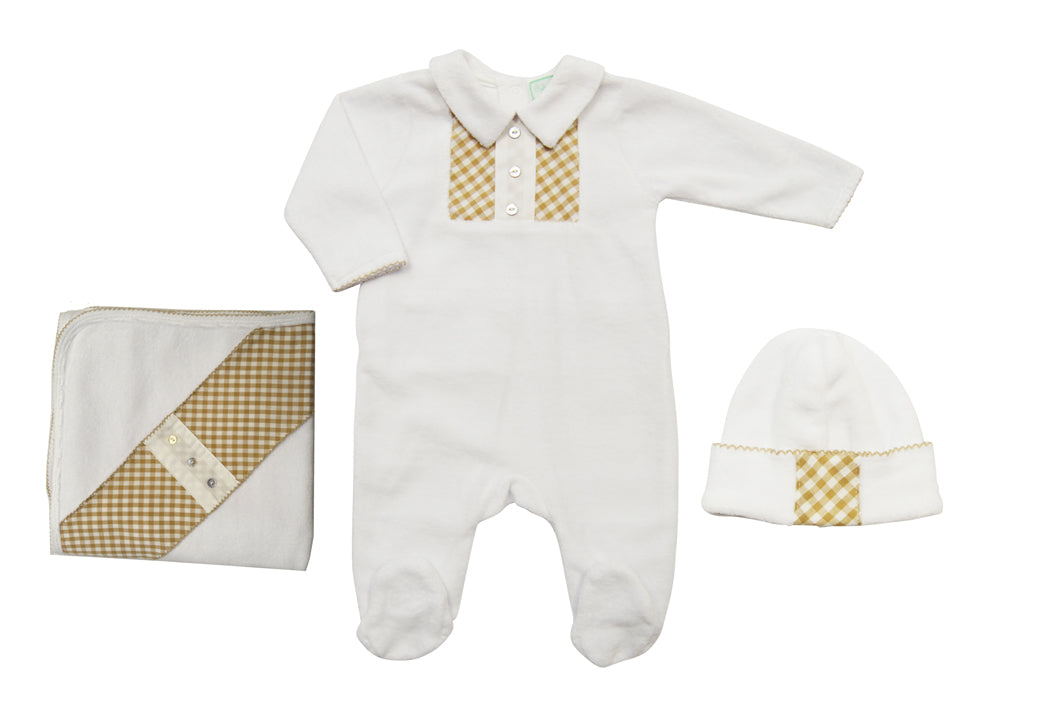 Baby Boy's White Velour with Ecru Checkered Set - Little Threads Inc. Children's Clothing