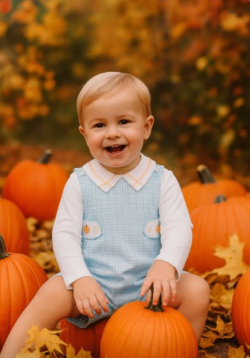 Fall Pumpkin Light Blue Plaid Pima Cotton Boy Shortall set - Little Threads Inc. Children's Clothing