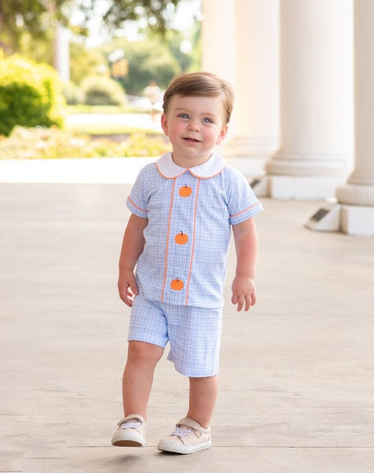 Fall Pumpkin Light Blue Plaid with pumpkins Boy Short Set - Little Threads Inc. Children's Clothing