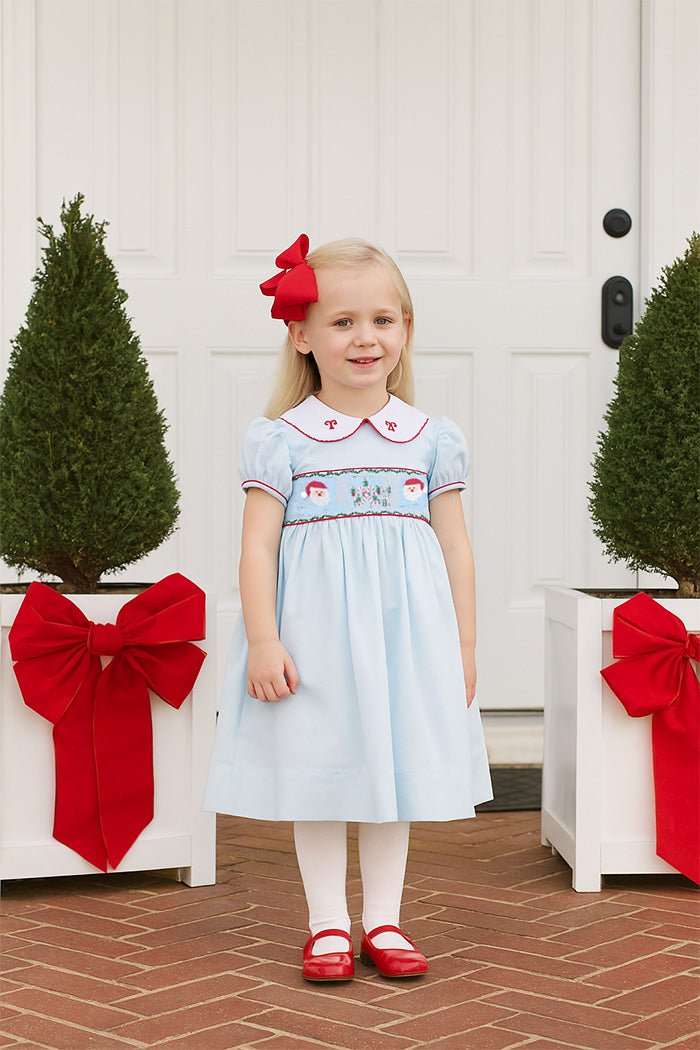 Hand Smocked girls blue dress Santa Claus Collection - Little Threads Inc. Children's Clothing