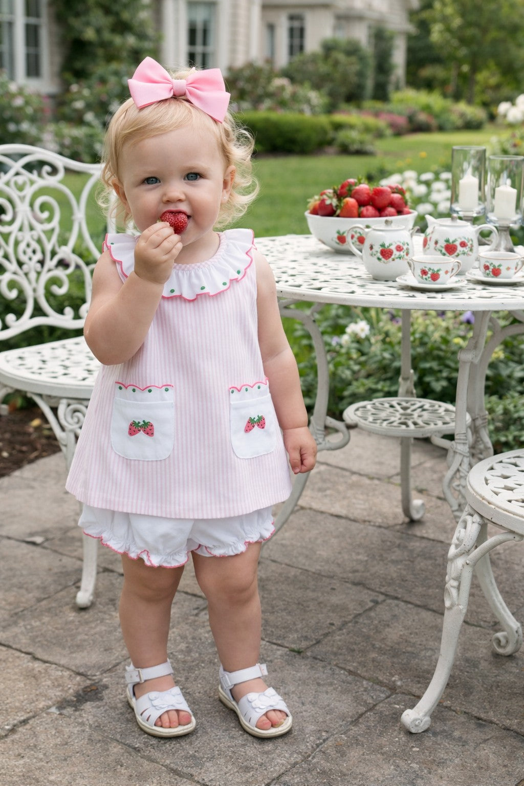 Pink Stripe Strawberries Pocket Girl's Bloomer Set - Little Threads Inc. Children's Clothing