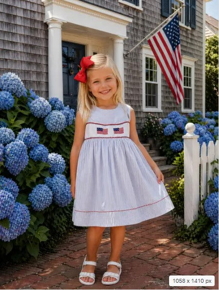 4th of July Girl's hand smocked light blue dress