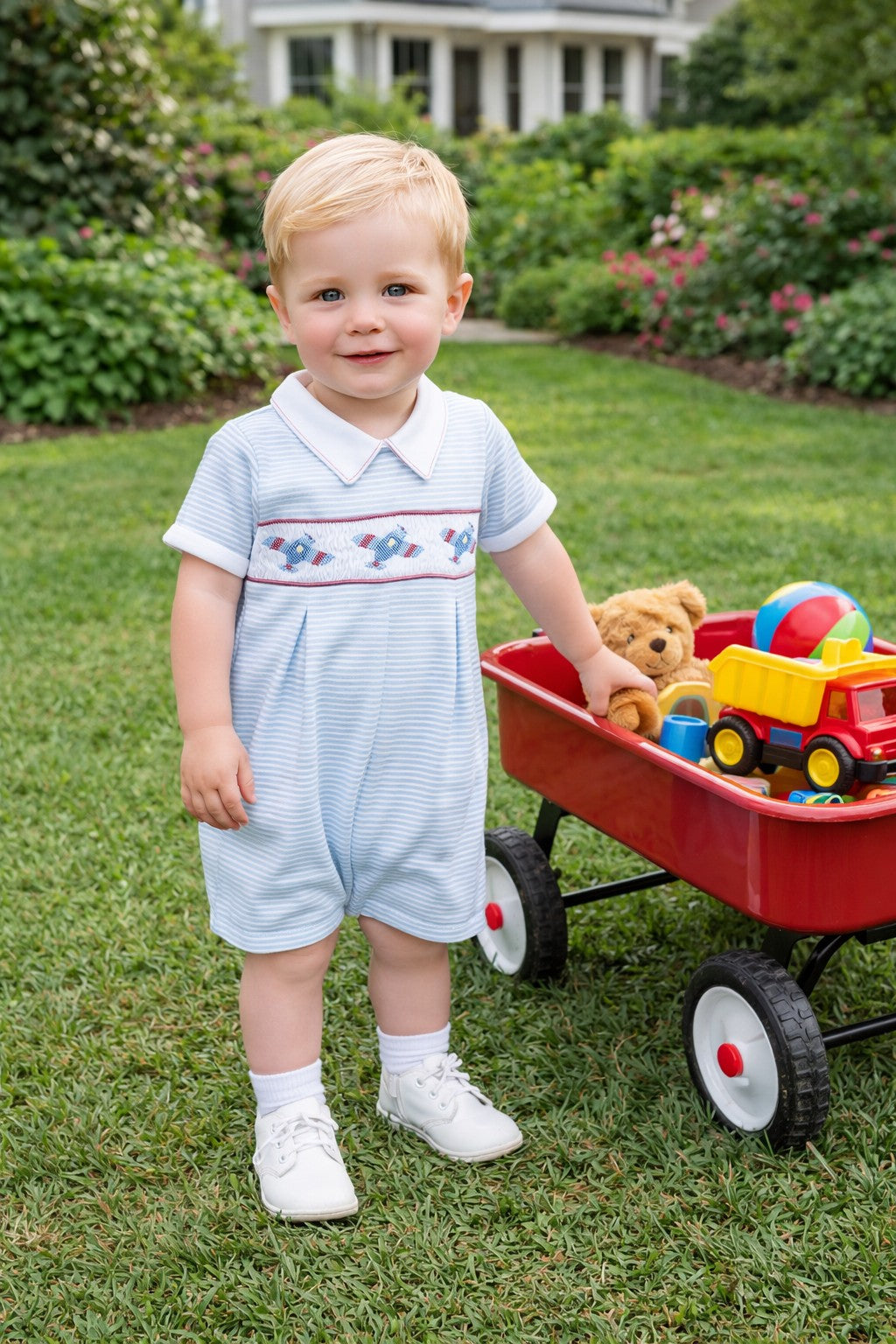 Baby Boy's Striped "Airplanes" Smocked Pima Cotton Romper - Little Threads Inc. Children's Clothing