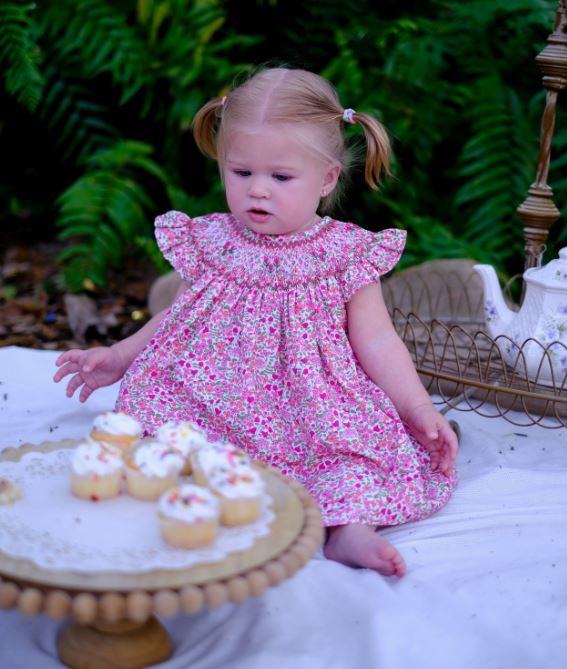 Brooke Floral Print girl's smocked bishop dress - Little Threads Inc. Children's Clothing