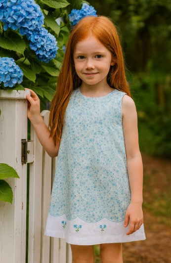 "Carly and Ronnie" Girl's Blue Floral A-Line girl's Dress with Embroidery - Little Threads Inc. Children's Clothing