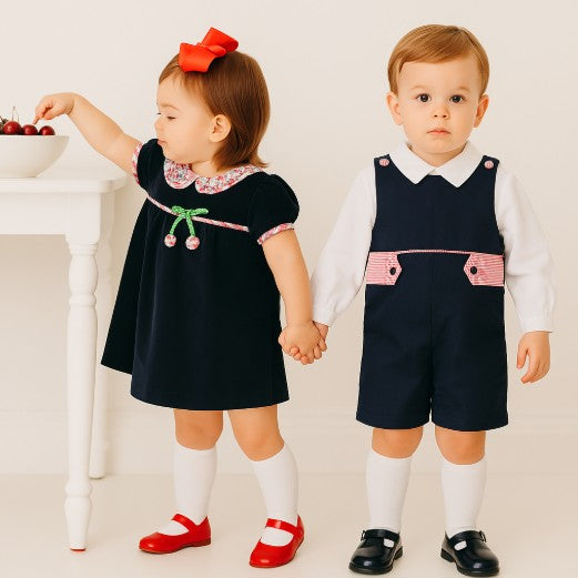 Cherries Navy Blue Corduroy boy's overall set - Little Threads Inc. Children's Clothing