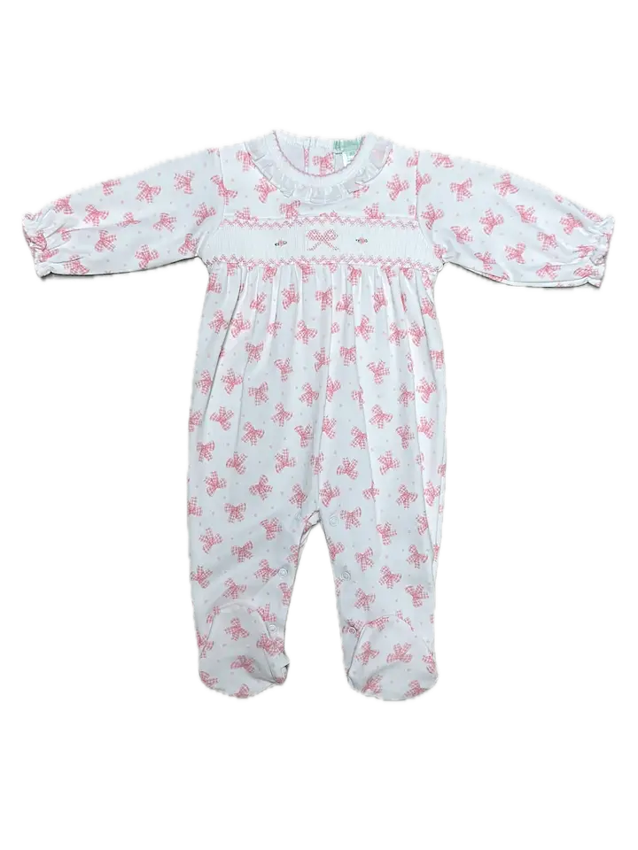 Smocked Baby Girl Footie Pink Bows Print 100% Pima Cotton - Little Threads Inc. Children's Clothing