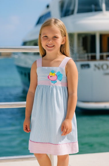 Girl's Pink and Blue Striped Fish Applique Sundress - 3T Girl's Pink and Blue Striped Fish Applique Sundress - 3T