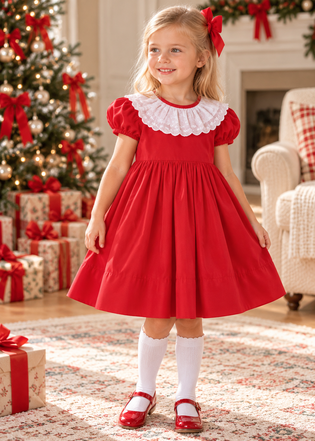 Red velvet Girl's Dress with Lace on the Bodice
