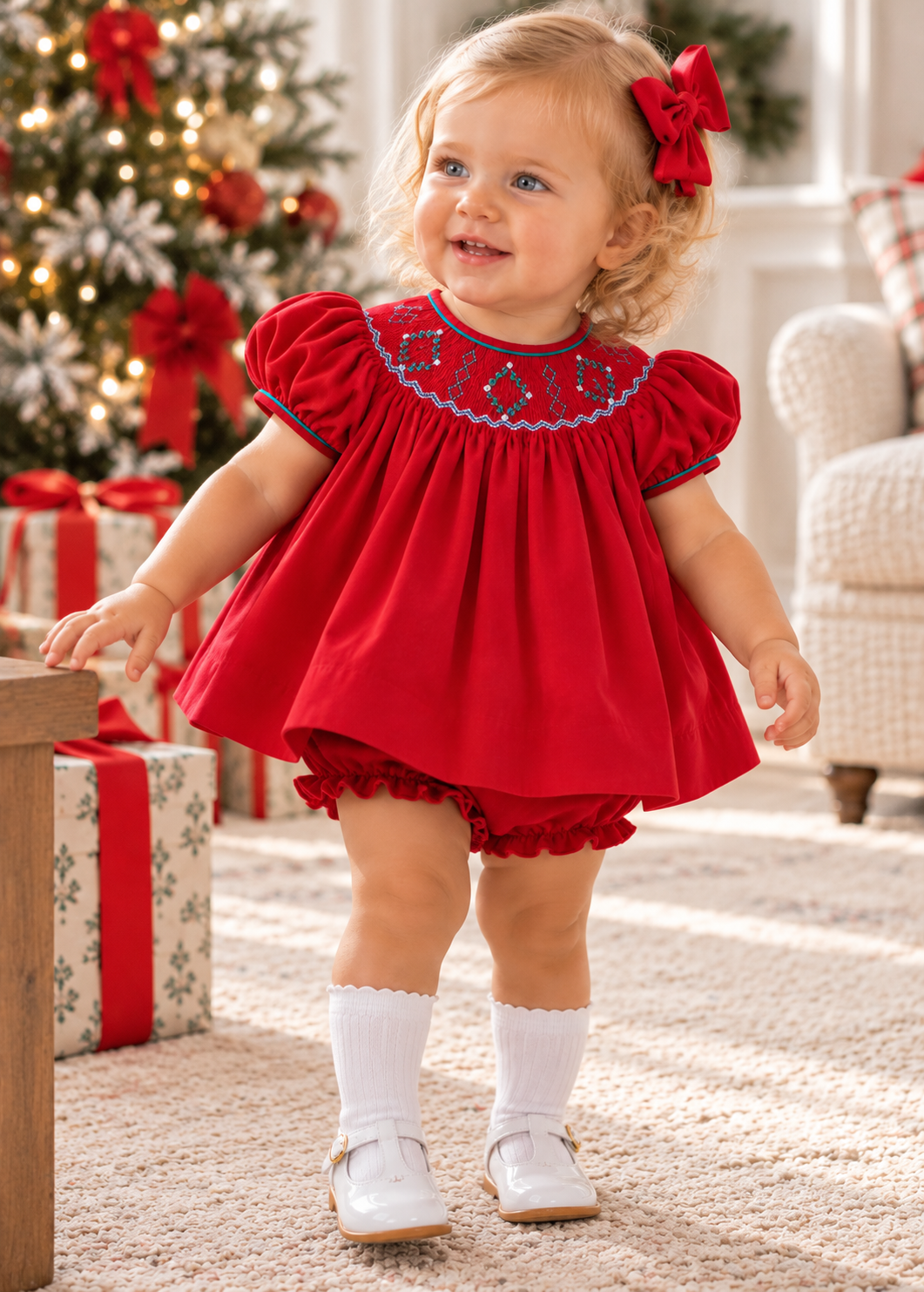 Christmas Time Girl Hand Smocked Bishop Red Dress