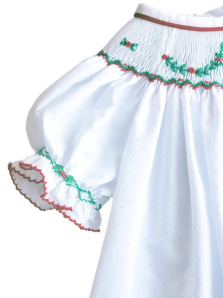 White Christmas Wreath Smocked Girl's Bishop - Little Threads Inc. Children's Clothing
