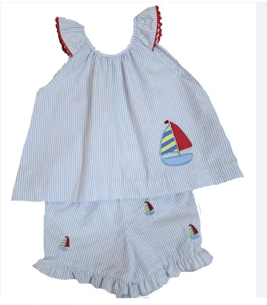 2 pc sailboat applique Girl's short set