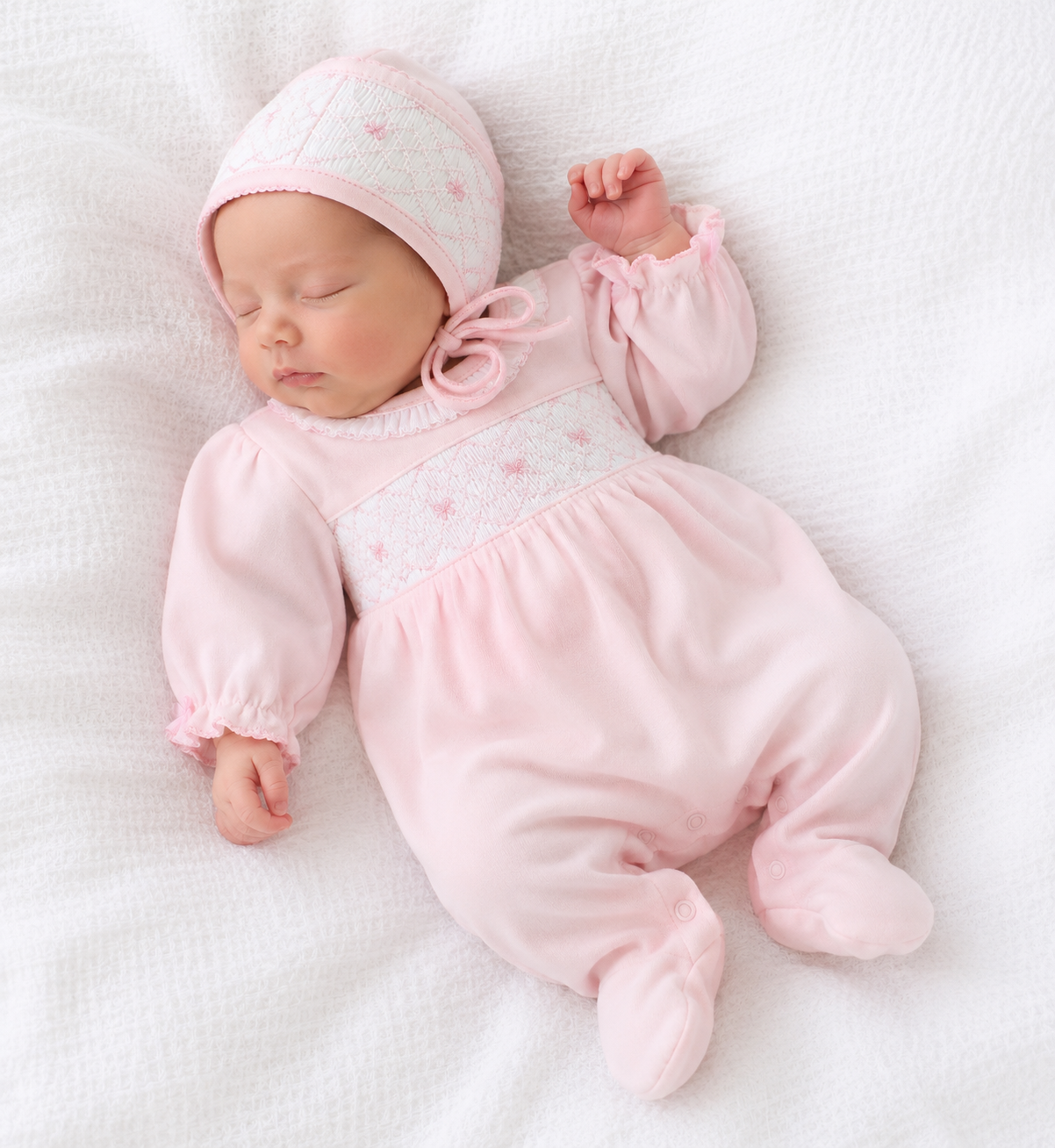 Bows Hand Smocked Pima Cotton Baby Footie