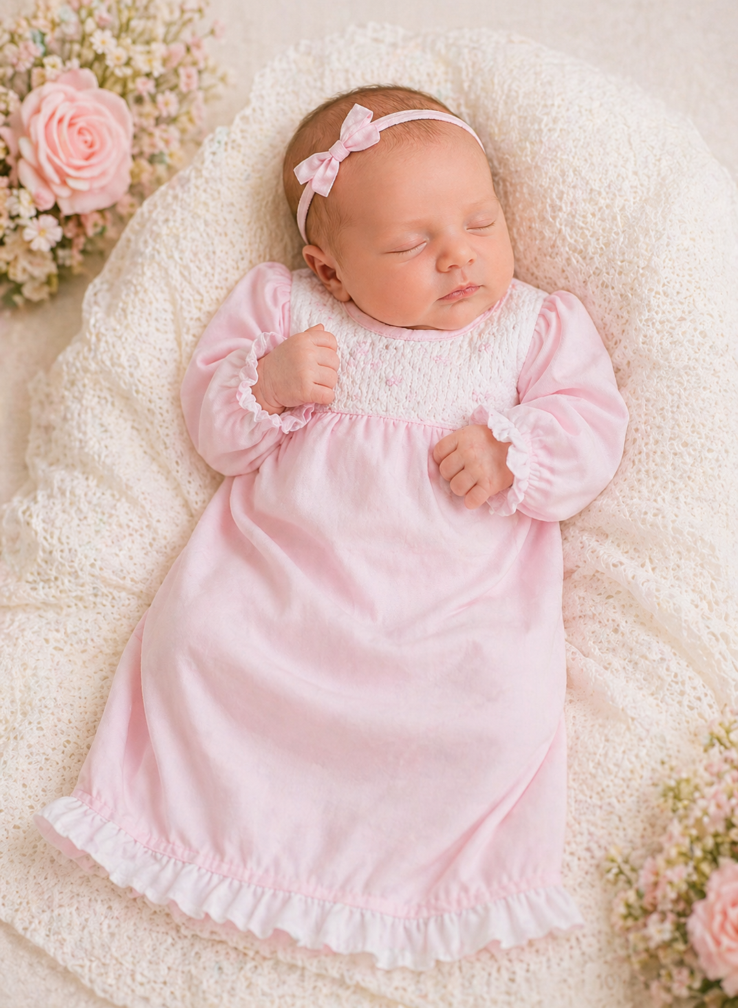 Baby Girl's Pink Smocked Bows Daygown - Little Threads Inc. Children's Clothing